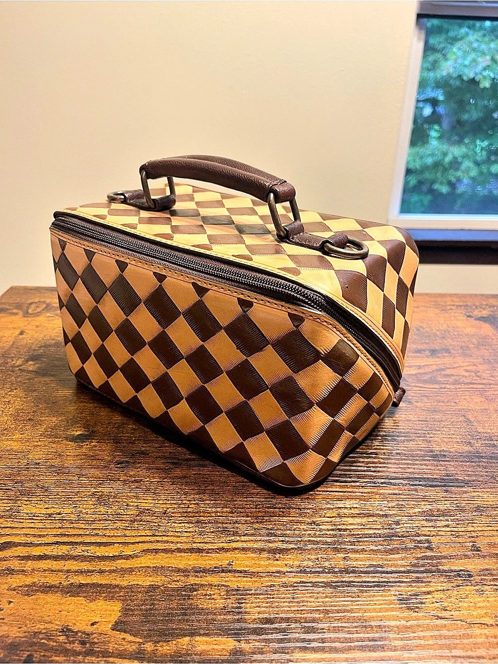 Checkered Travel Bag in Brown & Tan Like New